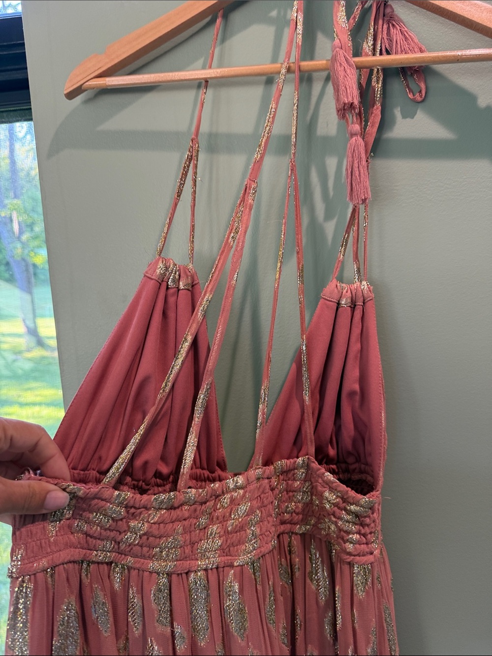 Altar'd State Rose Pink Maxi Dress with Gold Metallic Accents - Picture 4 of 6